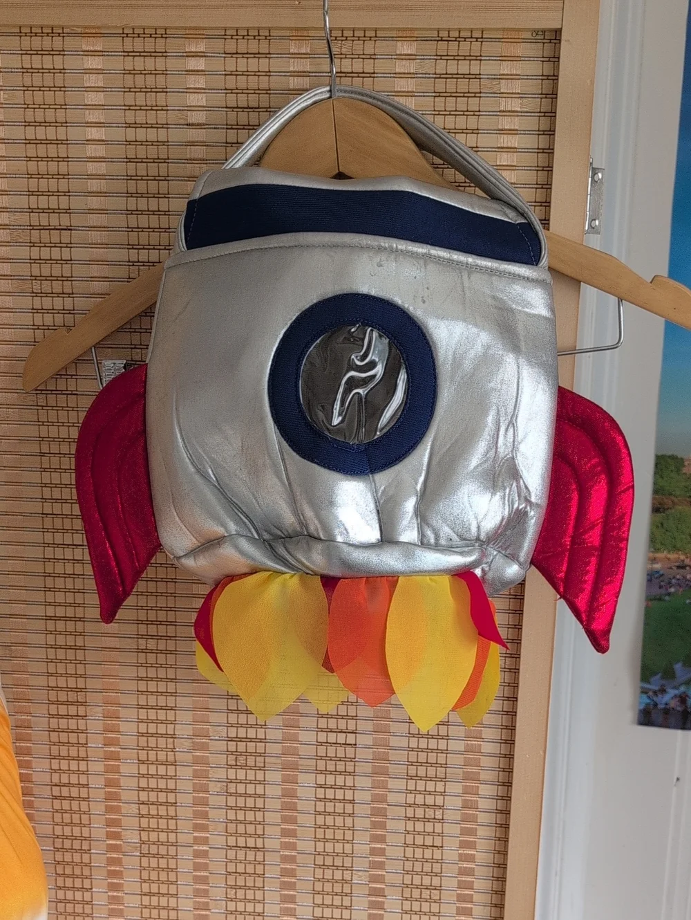 Pottery Barn Silver Rocket-Shaped Halloween Treat Bag with Red/Yellow Accents